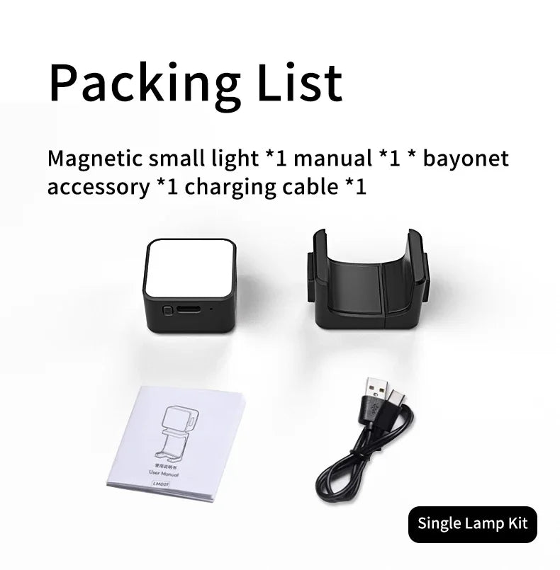 Magnetic LED light kit with square lamp, black mounting bracket, charging cable, and user manual.