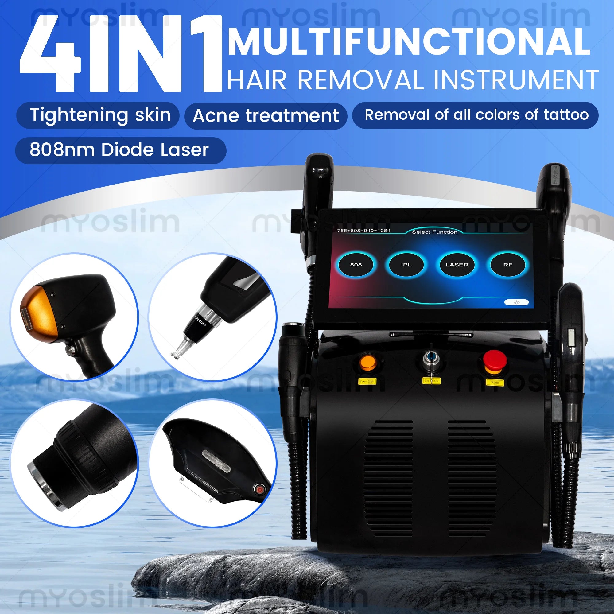 Black 4-in-1 hair removal laser system with control panel and dual handpieces