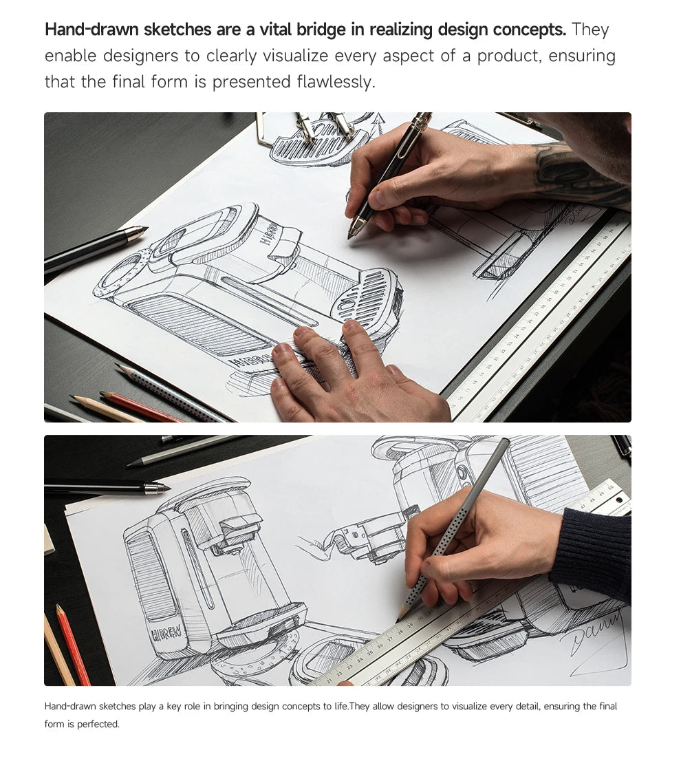 Designer sketching a HiBREW coffee maker concept on paper with pencils and a ruler to plan the product design.