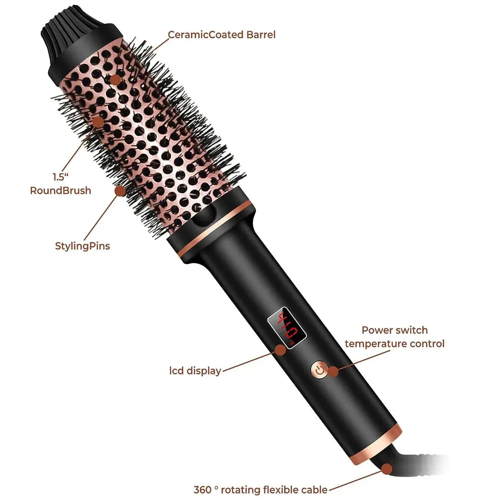 TINSOL 3-in-1 ionic hot air brush with ceramic barrel, LED temp display, and rotating cord for professional styling.