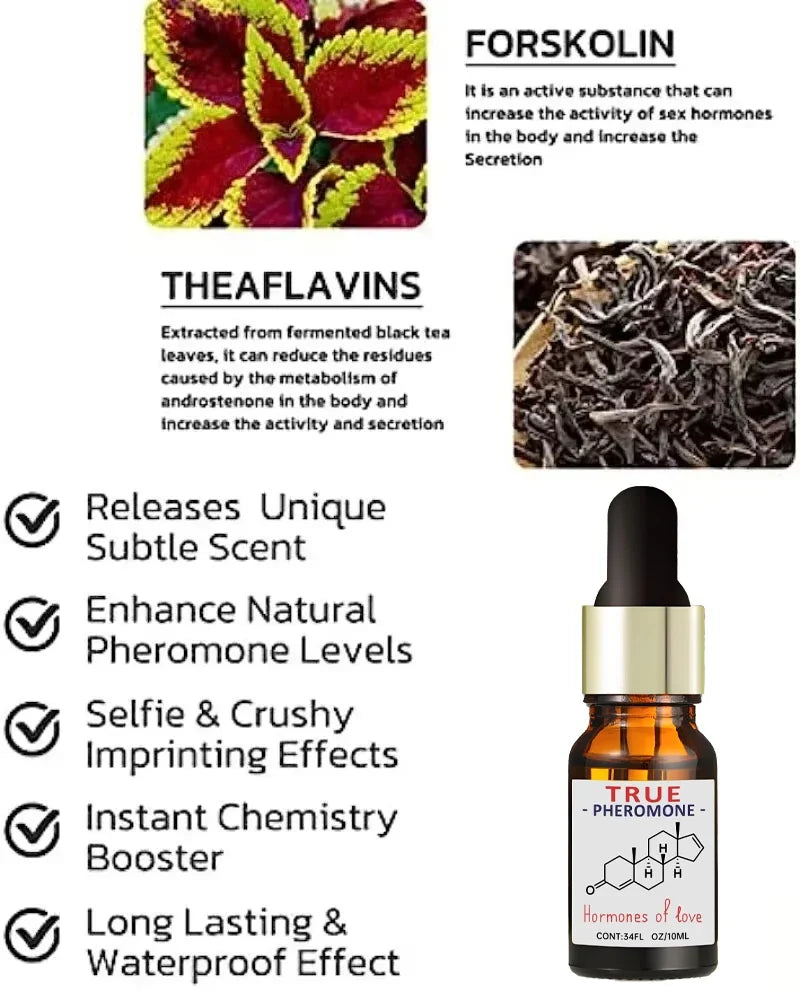 True Pheromone essential oil dropper bottle. Long-lasting scent with forskolin and theaflavins for dating and events.