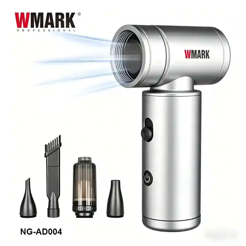WMARK NG-AD004 silver cordless air duster with 100k RPM motor, nozzles, and brush attachments for professional hair care.