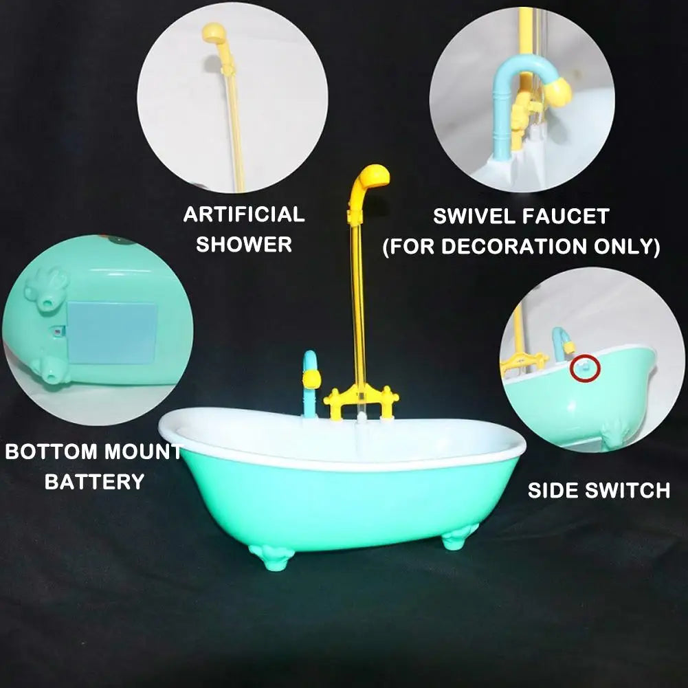 Automatic teal plastic parrot bathtub with battery-operated shower for bird cleaning and fun play.