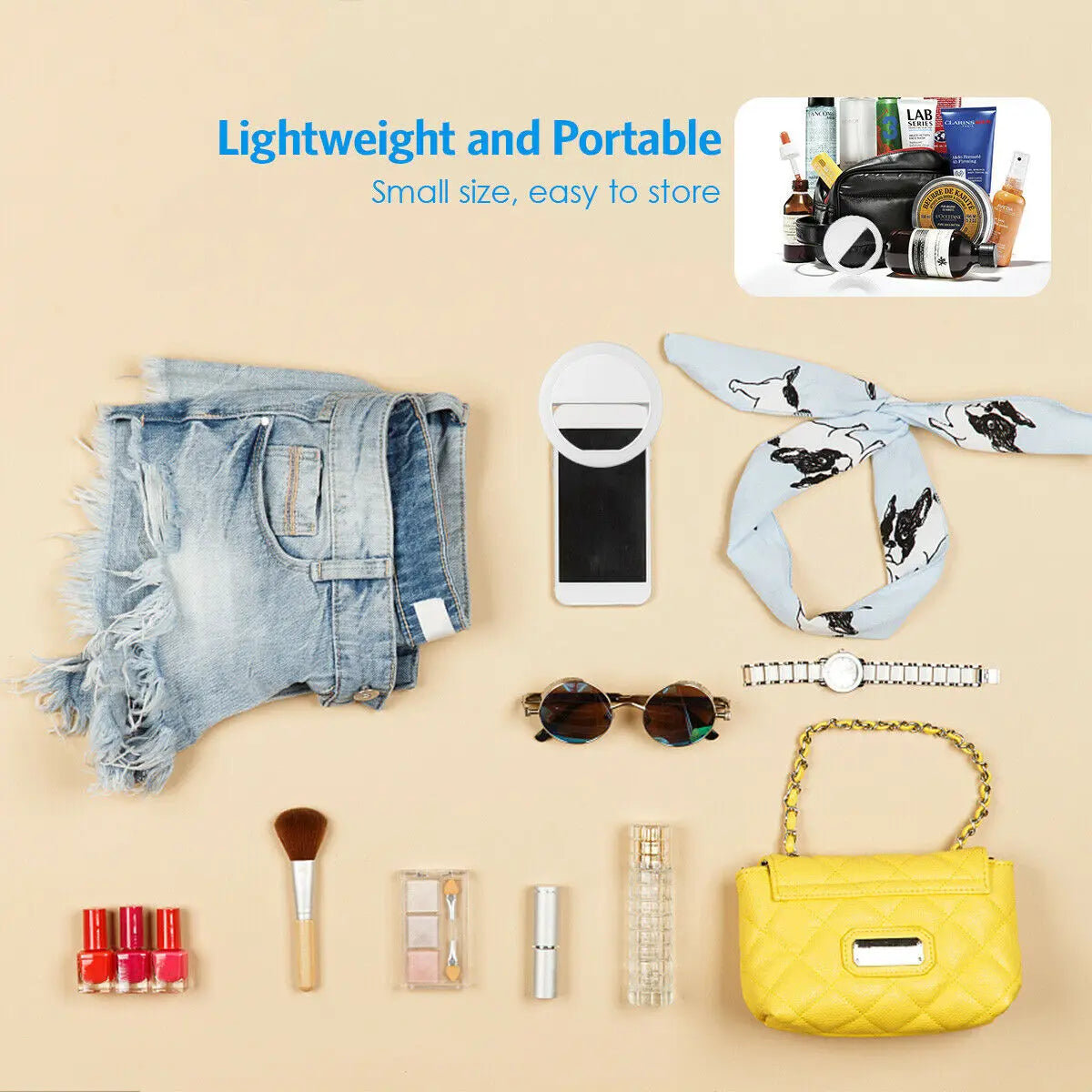 Round white portable selfie ring light with a clip for attaching to a smartphone, shown with various accessories.