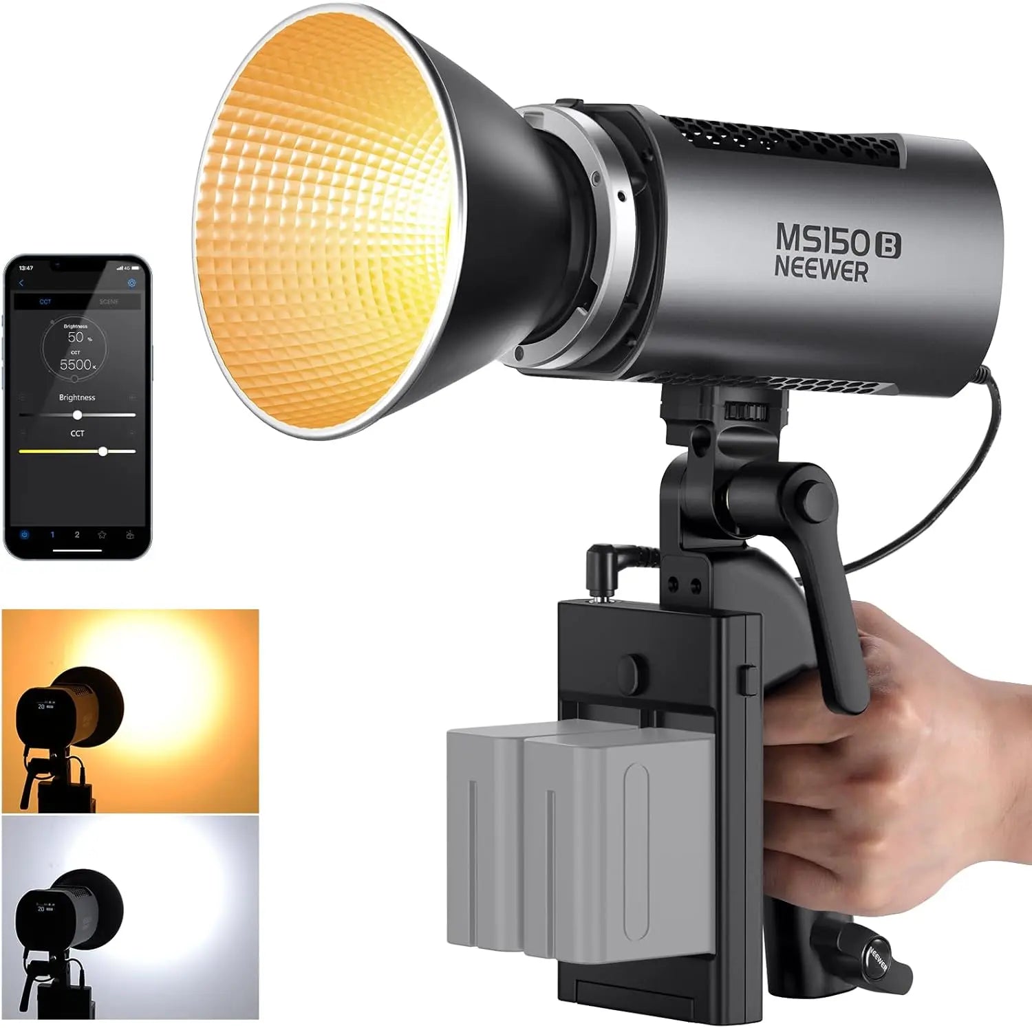 MS150B LED video light with a metal reflector, handheld grip, and dual battery mount for professional photography.