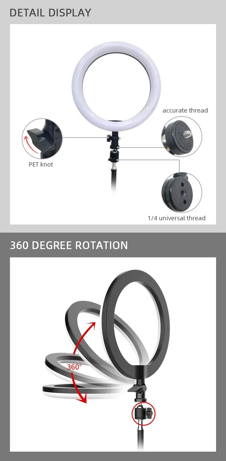 White ring light with black stand, featuring 360-degree rotation, plastic adjustment knobs, and universal threads.