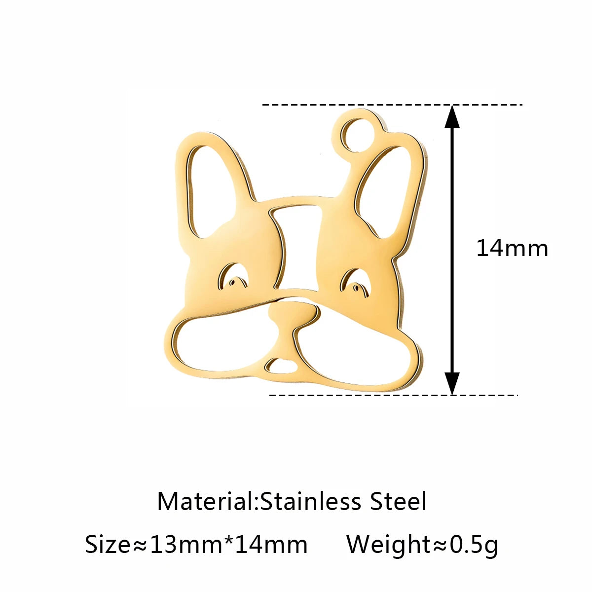 Gold stainless steel French bulldog dog charm for DIY jewelry making, 14mm pet pendant for necklaces or bracelets.