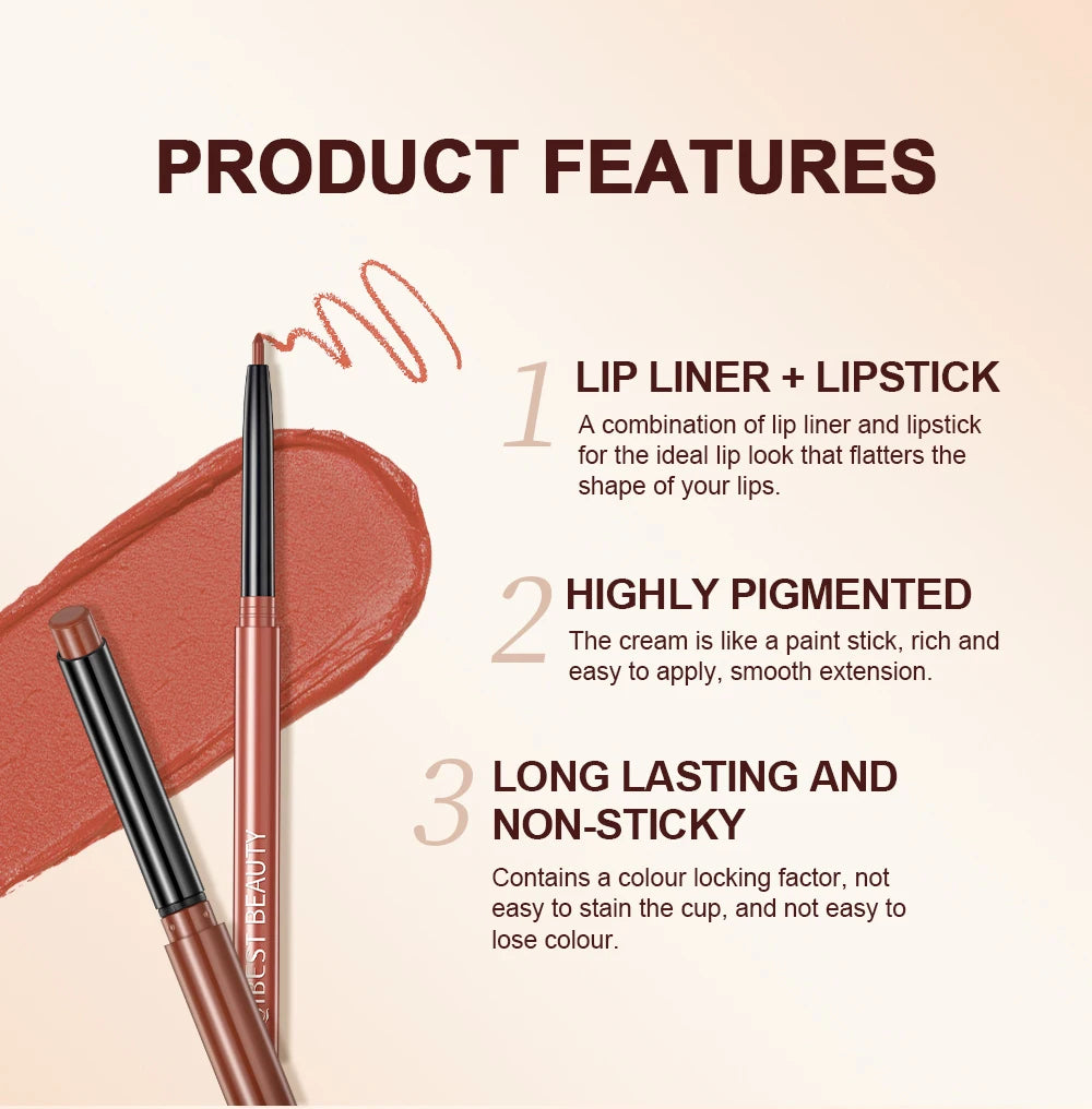 QIBEST matte velvet lipstick and lip liner pencil set in rich, highly pigmented red-brown with smooth, creamy texture.
