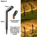 Black LED solar landscape spotlight with rotatable head and stake, shown lighting a garden pathway.