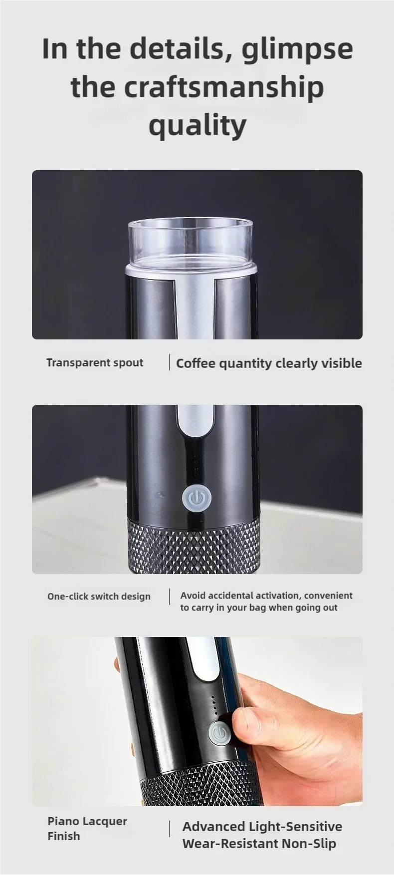 Black portable coffee maker with clear spout, one-click switch, and non-slip piano lacquer finish for travel use.