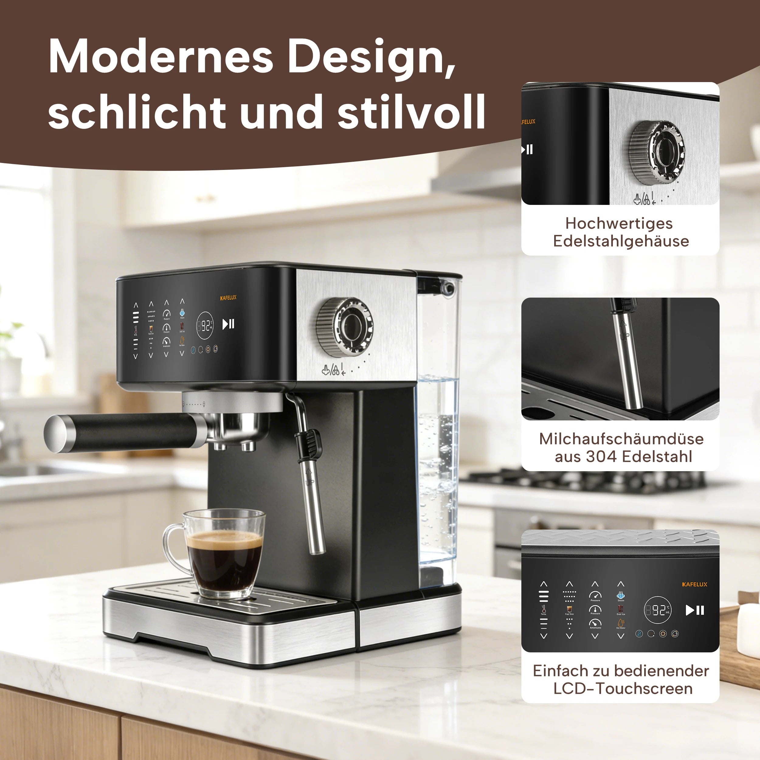Kafelux espresso machine, black and stainless steel with LCD touchscreen, milk frother, and clear water tank.