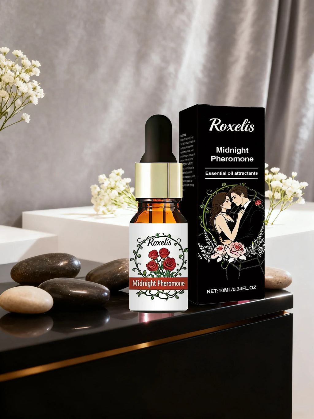 Roxelis Midnight Pheromone essential oil: unisex rose scent in a gold-capped dropper bottle for attraction.