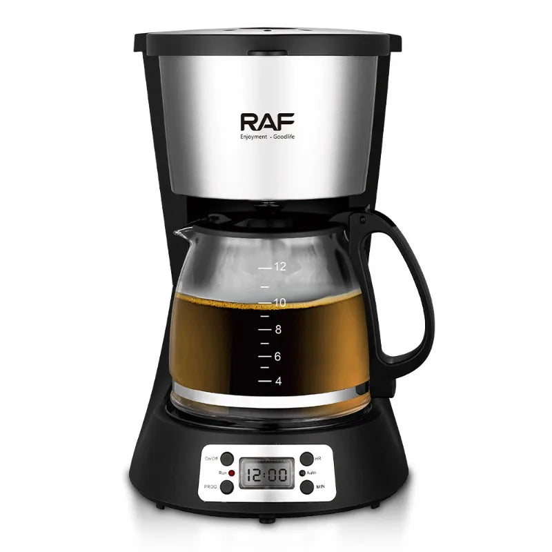 RAF 12-cup programmable coffee maker in black and stainless steel with a glass carafe and digital display timer.