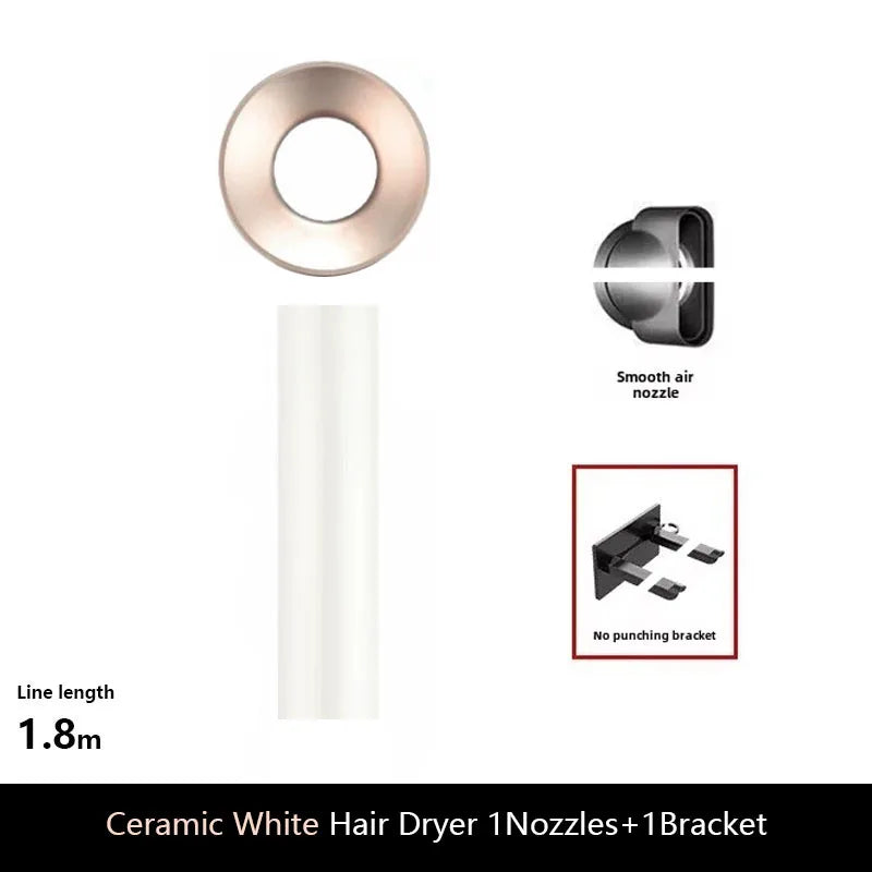 Professional ionic hair dryer, ceramic white, with smooth air nozzle and wall-mount bracket for easy blowouts.