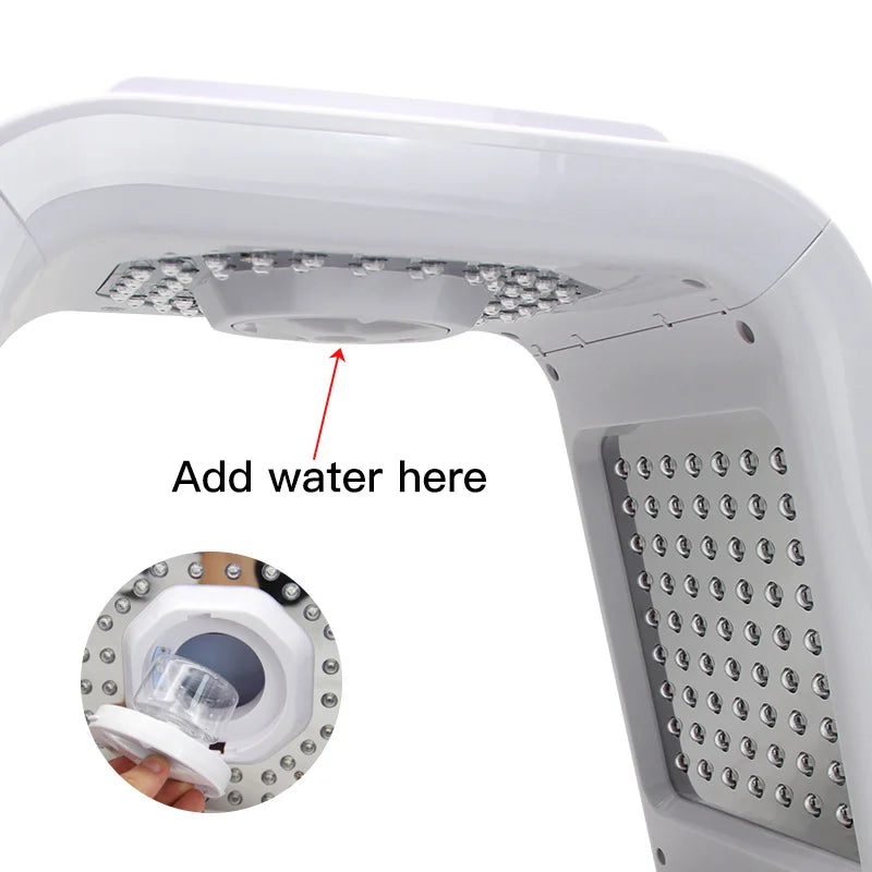 7-color LED light therapy facial machine for home skincare with water refill tank for hydration and acne treatment.