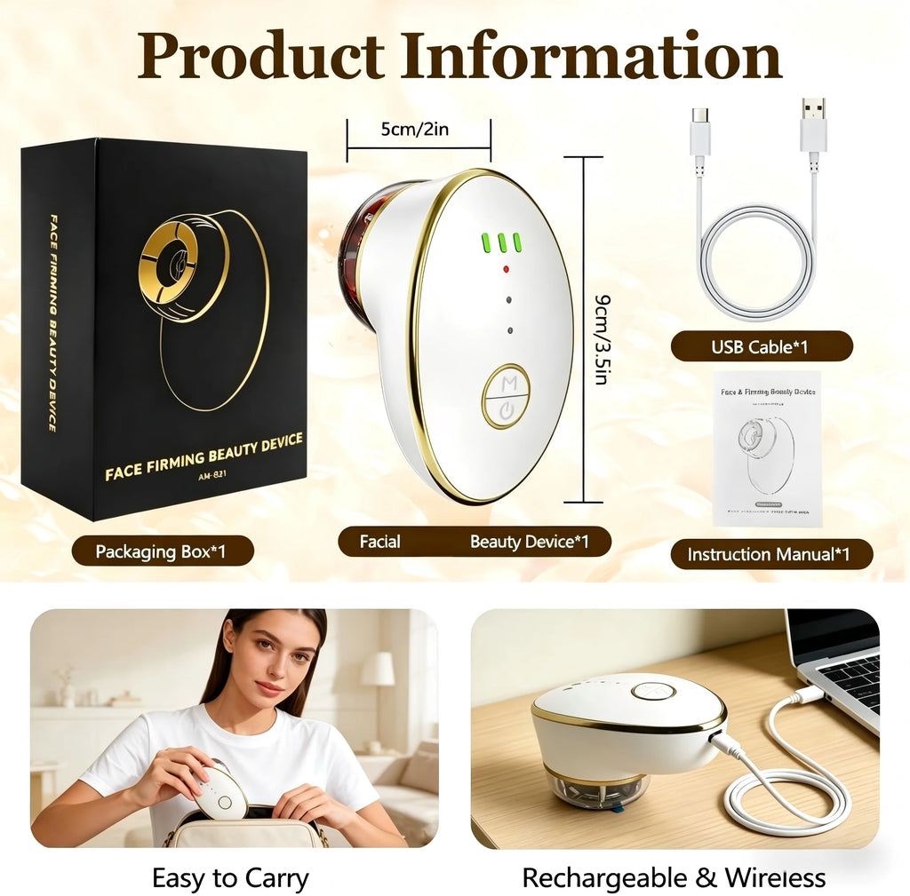 White and gold portable facial sculpting device with charging cable, packaging, and manual shown in use.