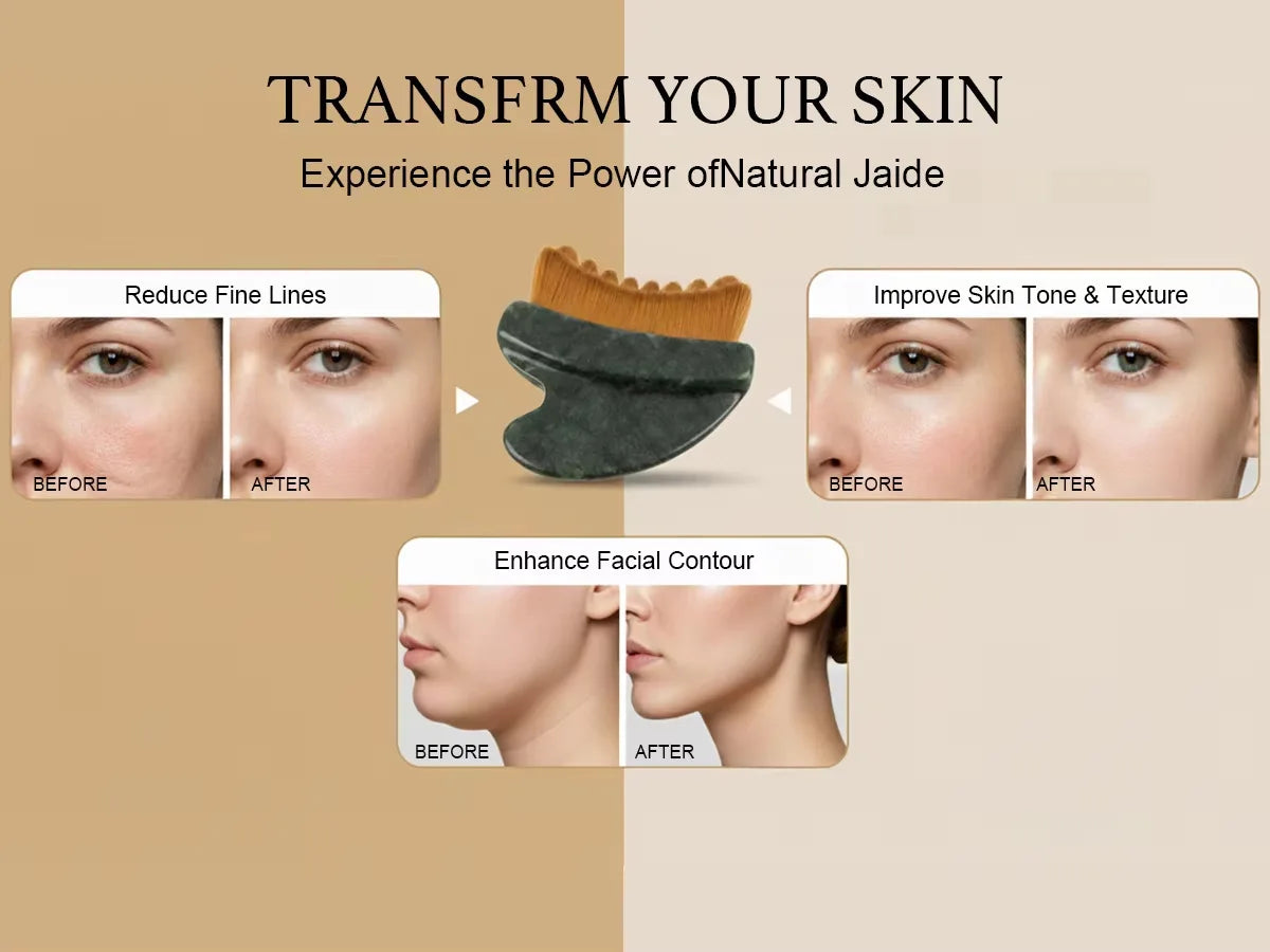 Dark green jade gua sha tool with soft brown bristles, shown with before-and-after facial results.
