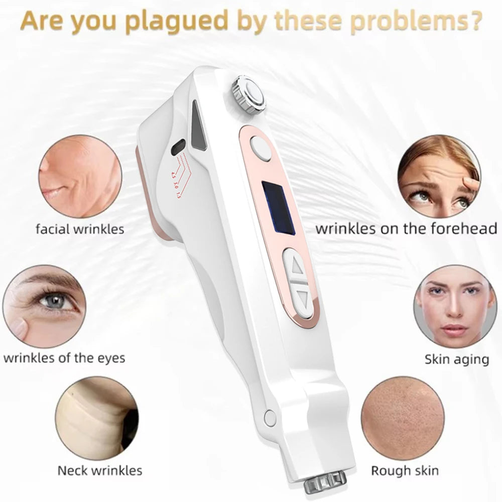 White and rose gold mini HIFU facial lifting machine for home anti-aging, wrinkle reduction, and ultrasonic skincare.