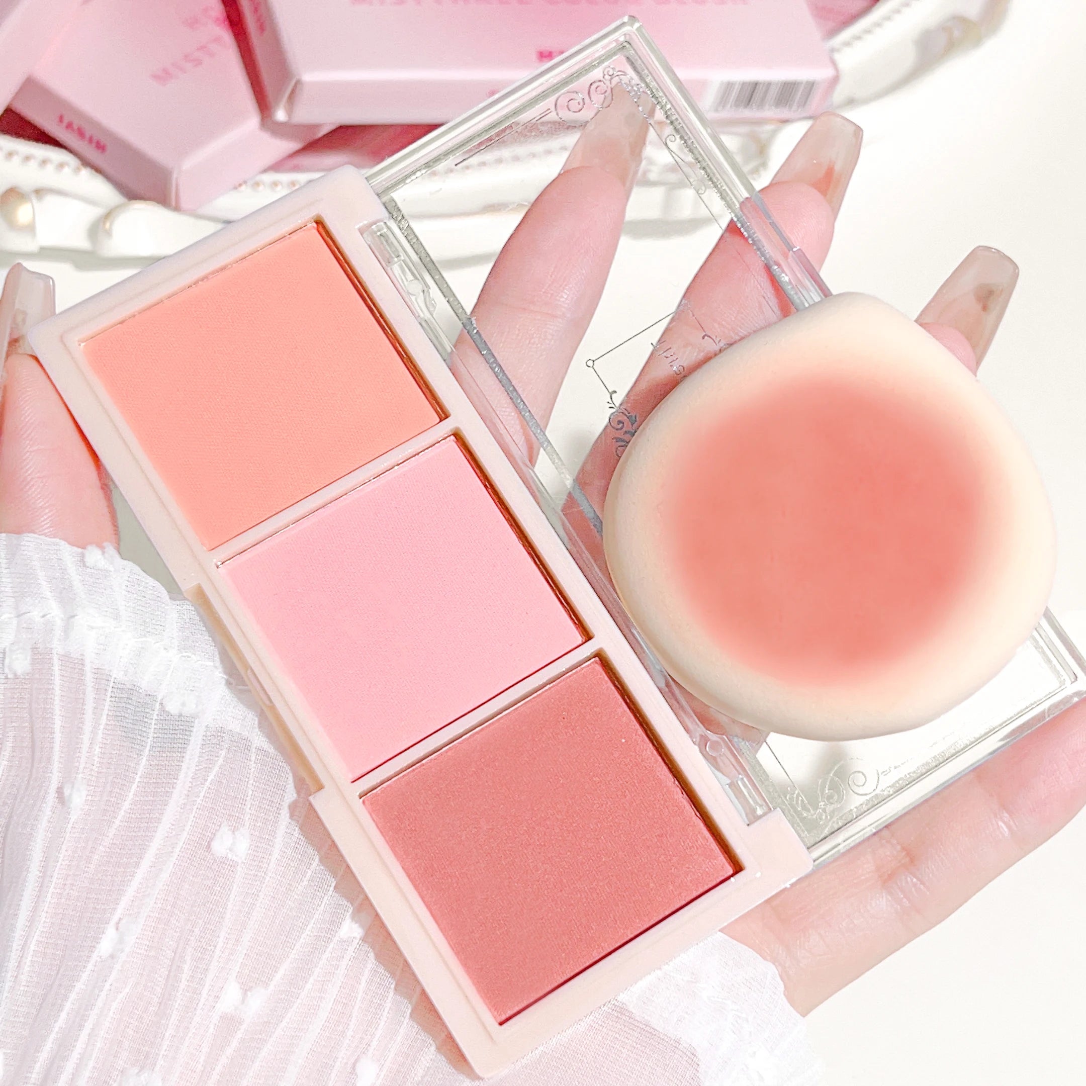 Tidesmit HISYI three-color matte blush texture close-up for natural buildable face makeup color rendering