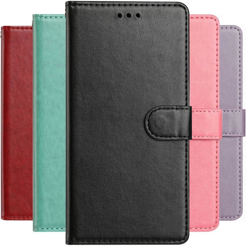 Five rectangular leather wallet phone cases with magnetic closures in red, teal, black, pink, and purple.