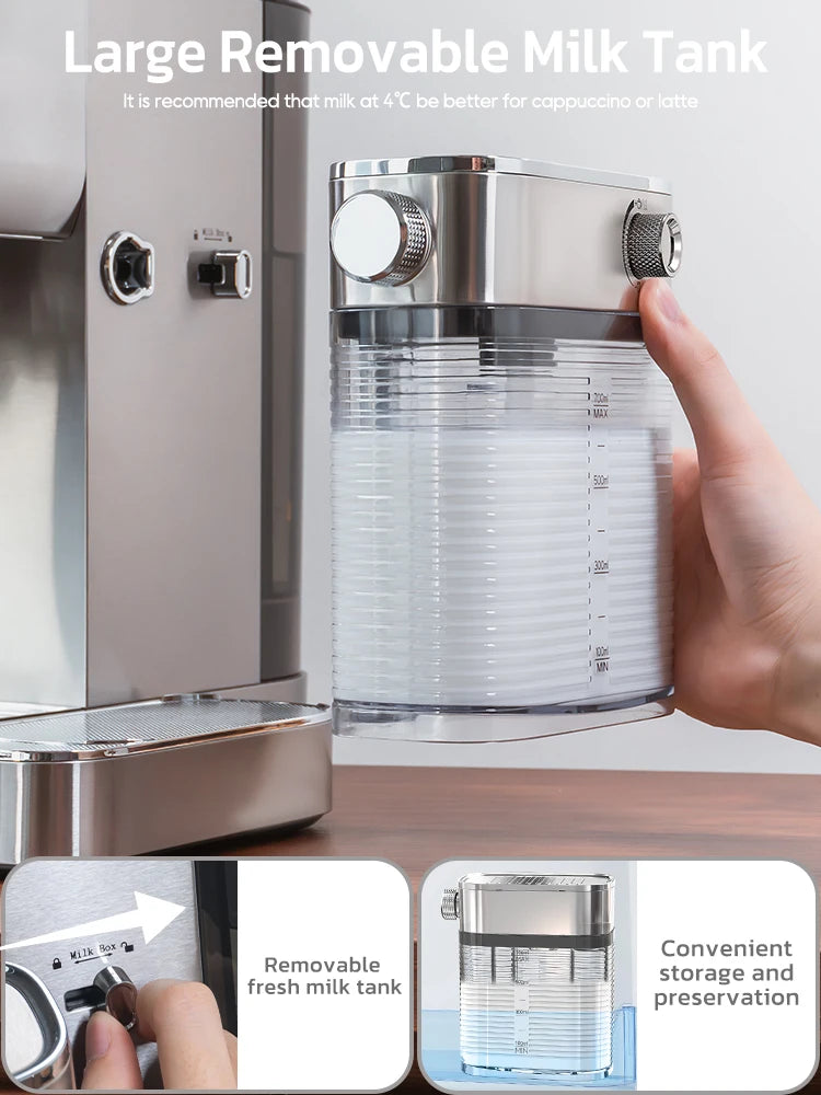 Stainless steel espresso machine removable 700ml clear plastic milk tank with adjustable froth control dial.