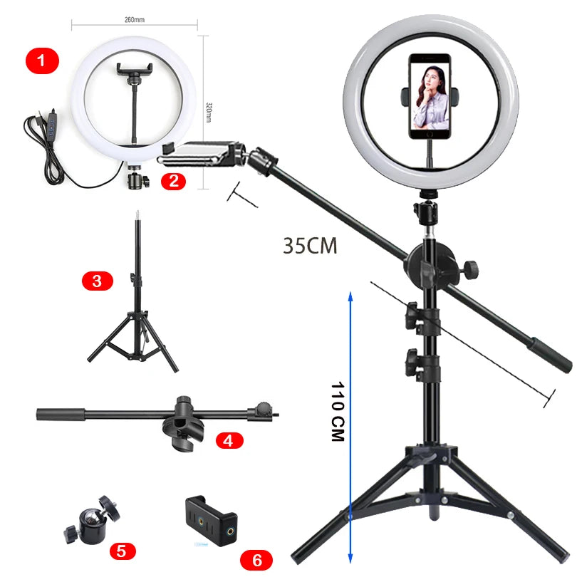 12-inch LED ring light with phone holder, 110cm tripod stand, and overhead boom arm for photography and video recording.