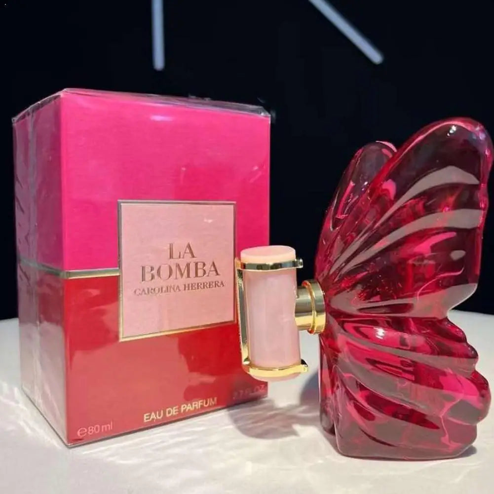 Carolina Herrera La Bomba Eau de Parfum: Pink butterfly-shaped bottle, floral fragrance for women, long-lasting spray.