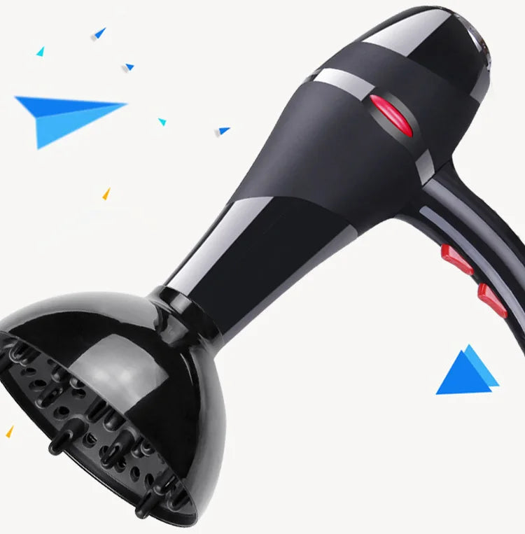 Black 2100W professional salon hair dryer with diffuser attachment and ergonomic design for fast, powerful drying.