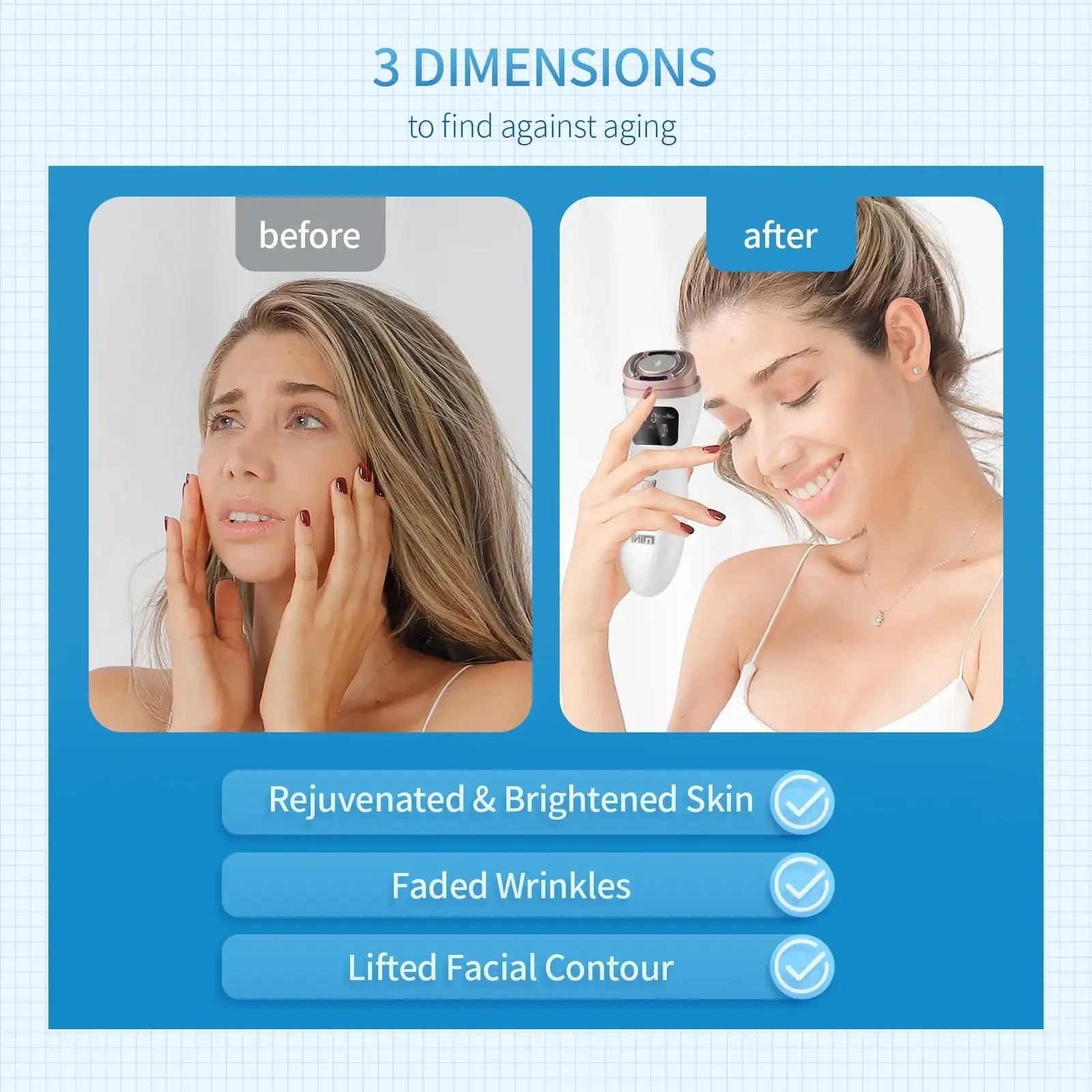 Before-and-after comparison of a woman using a compact, white and rose-gold handheld facial toning device.
