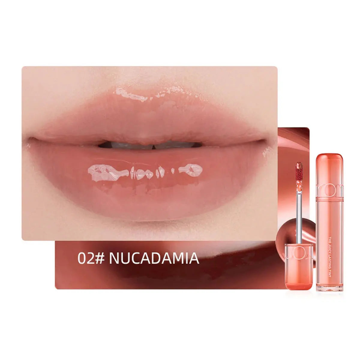 rom&nd Juicy Lasting Tint in Nucadamia: glossy, hydrating nude-brown lip stain for a natural K-beauty makeup look.