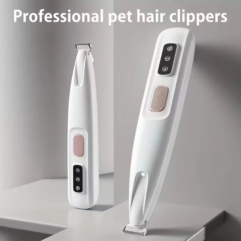 White USB-rechargeable electric pet hair trimmer for precise grooming of cat and dog eyes, ears, and paws.