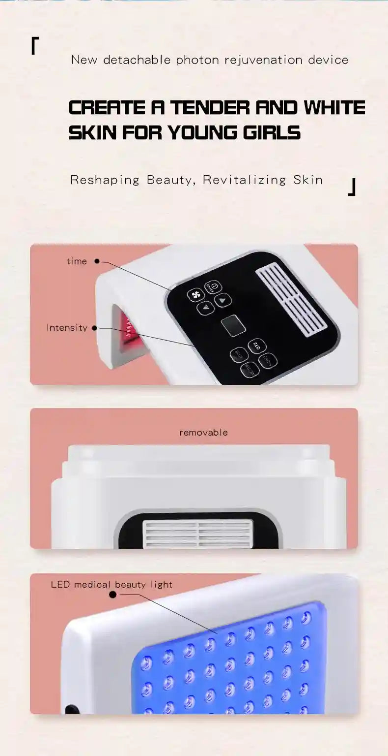 White detachable photon skin rejuvenation device with a digital control panel and internal LED light therapy arrays.