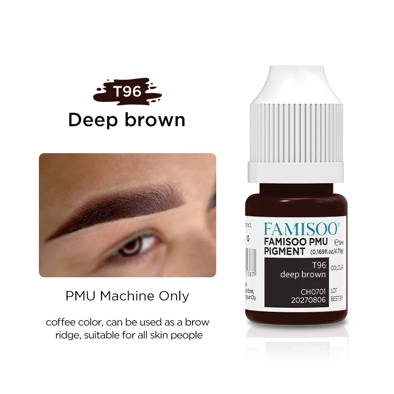 T96 deep brown PMU pigment in a 5ml plastic squeeze bottle for professional permanent eyebrow tattooing.