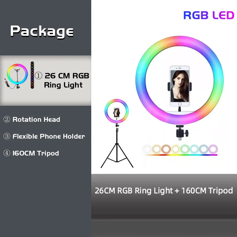 10-Inch RGB Ring Light with Adjustable Tripod Stand - Tidesmit 10in RGB BK160cm Tidesmit