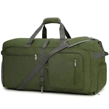 Olive green customizable unisex duffle bag with large capacity, shoe compartment, and heavy-duty straps.