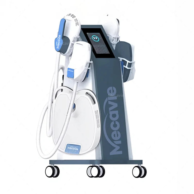 MECAVIE 6500W 4-handle EMS RF body shaper machine with touch screen and wheels for professional muscle stimulation.