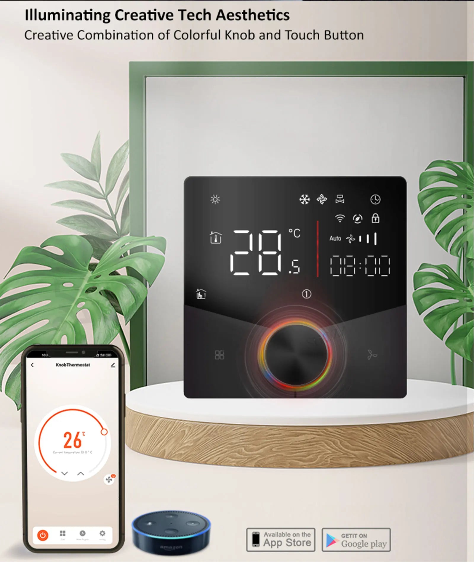 2/4 pipe wifi thermostat central air conditioning 3-speed fan coil rotating temperature adjustment voice TUYA  Alexa 24V