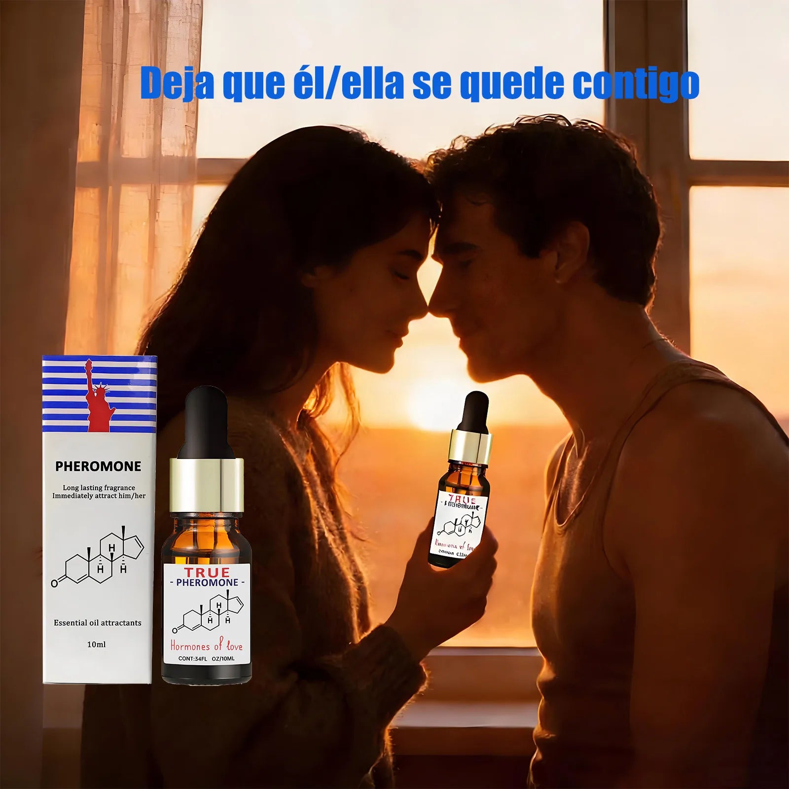 True Pheromone essential oil: long-lasting unisex scent in a 10ml amber dropper bottle for romantic attraction.