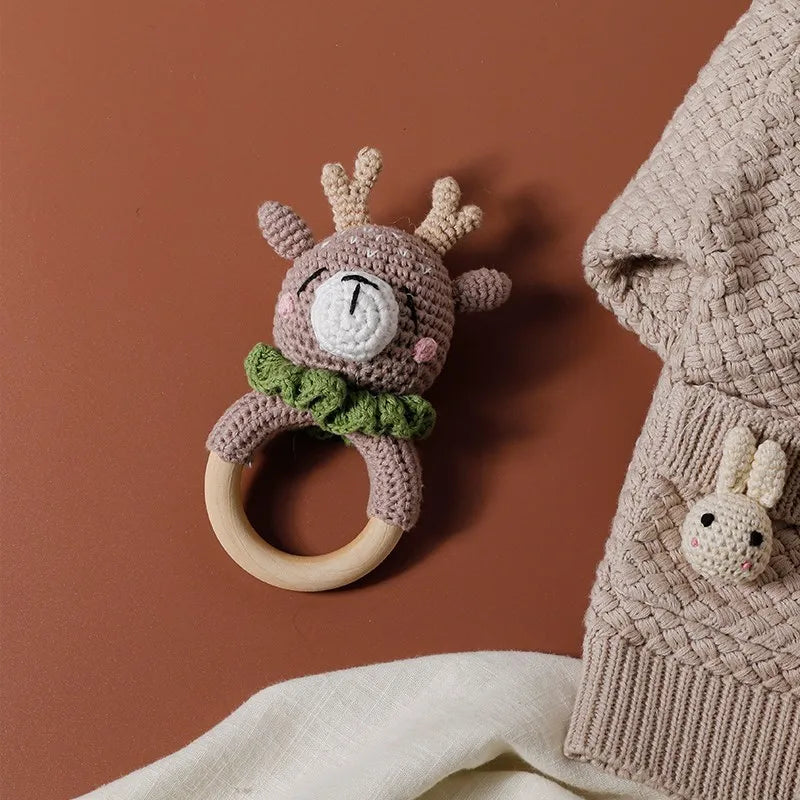 Wooden Rattle Baby Teether for Kids Teething Rings Animal Crochet Rattle Elephant Wooden Babies Gym Montessori Children's Toys