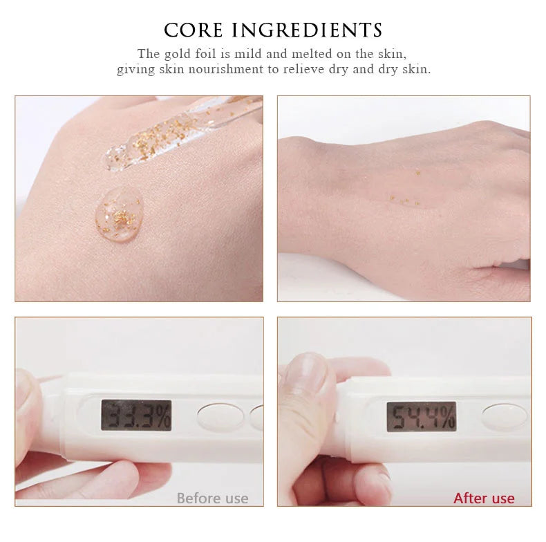 ARTISCARE 24K Gold Serum set: moisturizing face essence with gold foil for dry skin care, showing hydration results.