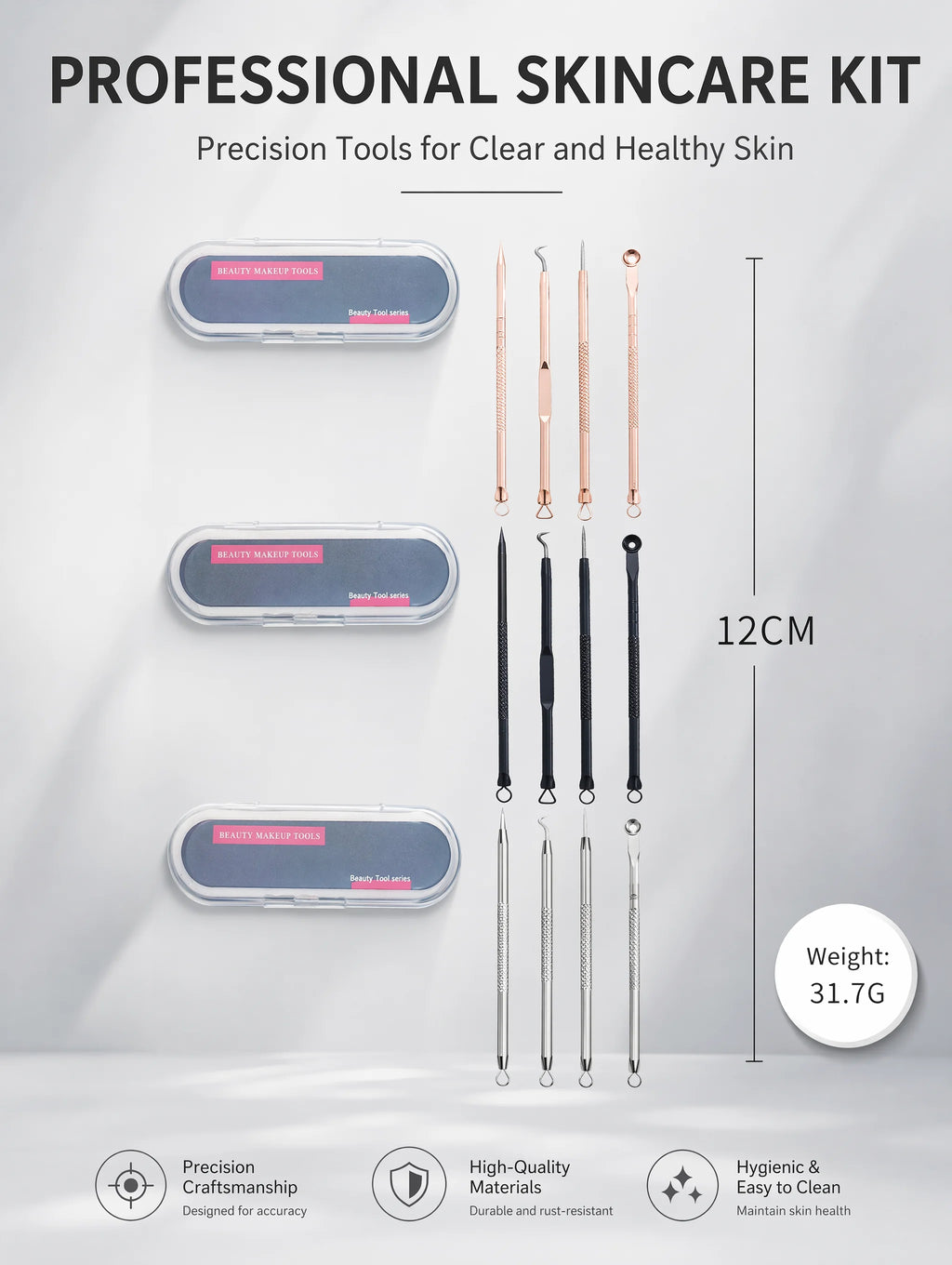 Stainless Steel Acne Needle Set of 8 Pieces, High-Density Blackhead Tweezers, Professional Acne Extraction Needles, Tool for Removing Closed Comedones, Portable Storage Set for Home and Beauty Salon Use