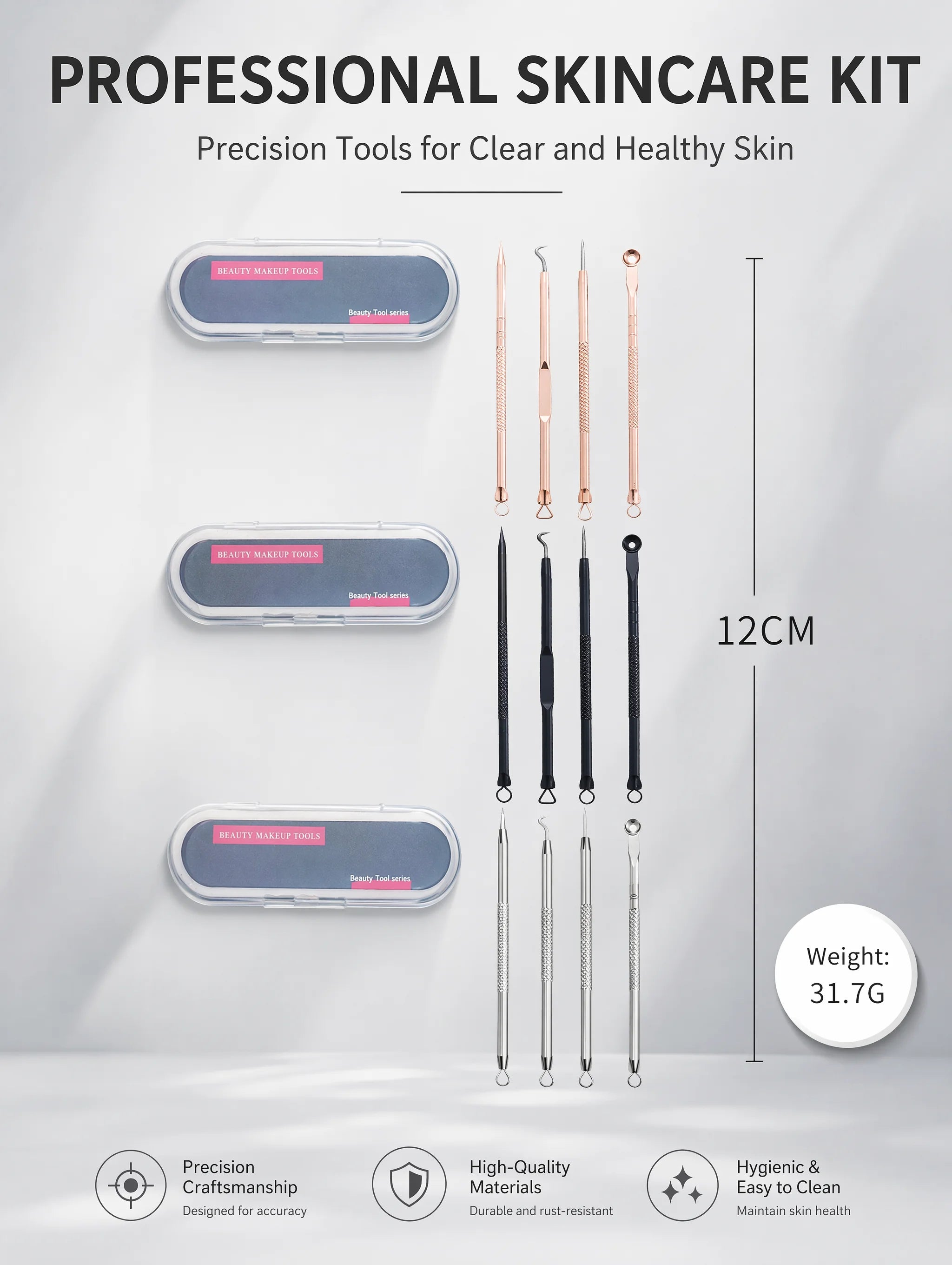 Stainless Steel Acne Needle Set of 8 Pieces, High-Density Blackhead Tweezers, Professional Acne Extraction Needles, Tool for Removing Closed Comedones, Portable Storage Set for Home and Beauty Salon Use