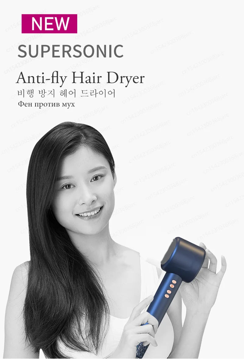 Blue professional negative ion hair dryer with leafless design and anti-flyaway technology for smooth salon styling.