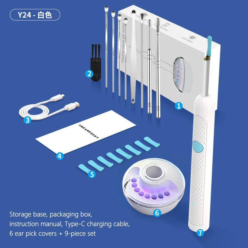 Visual Ear Wax Cleaner Camera - Digital HD Earwax Removal Kit Relaxation Treatment White base 9 Pcs Tidesmit