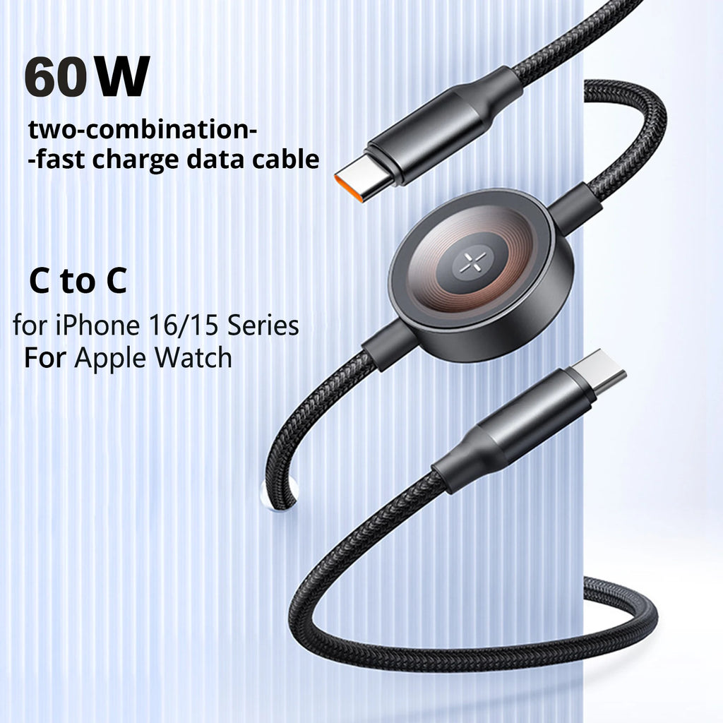 2-in-1 Fast Wireless Charger for iPhone 15 and 16 - 1.2m Black Tidesmit