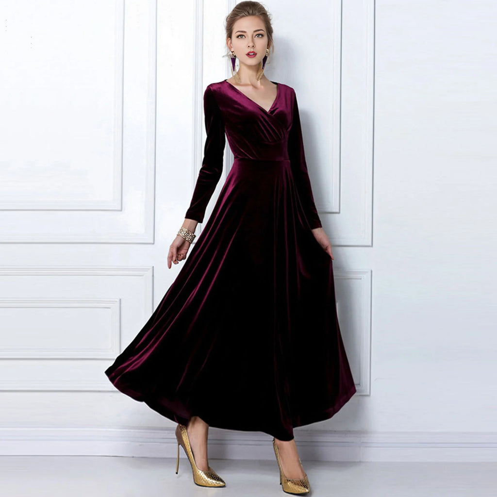 Vintage Women Autumn Long Sleeve V Neck Pleated Velvet Banquet Party Maxi Dress Party Wedding Elegant Evening dress 