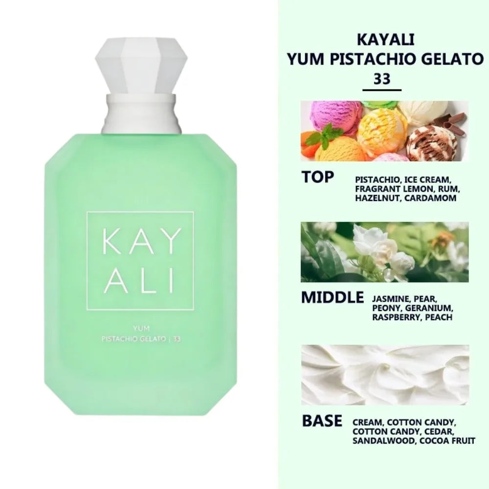 Kayali Yum Pistachio Gelato 33 unisex perfume: mint green bottle with pistachio, gelato, and jasmine scent notes. 100ml.