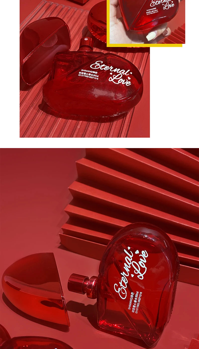 Shimang Eternal Love EDP for women: heart-shaped red bottle, fresh floral fragrance, vegan long-lasting perfume spray.