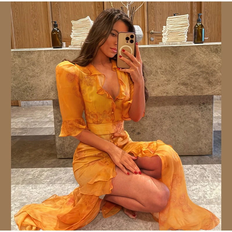 Printed Lace Patchwork Maxi Dress Women V-Neck Half Sleeve Single Breasted Lace Up Long Dresses 2026 Summer All-match Lady Robes