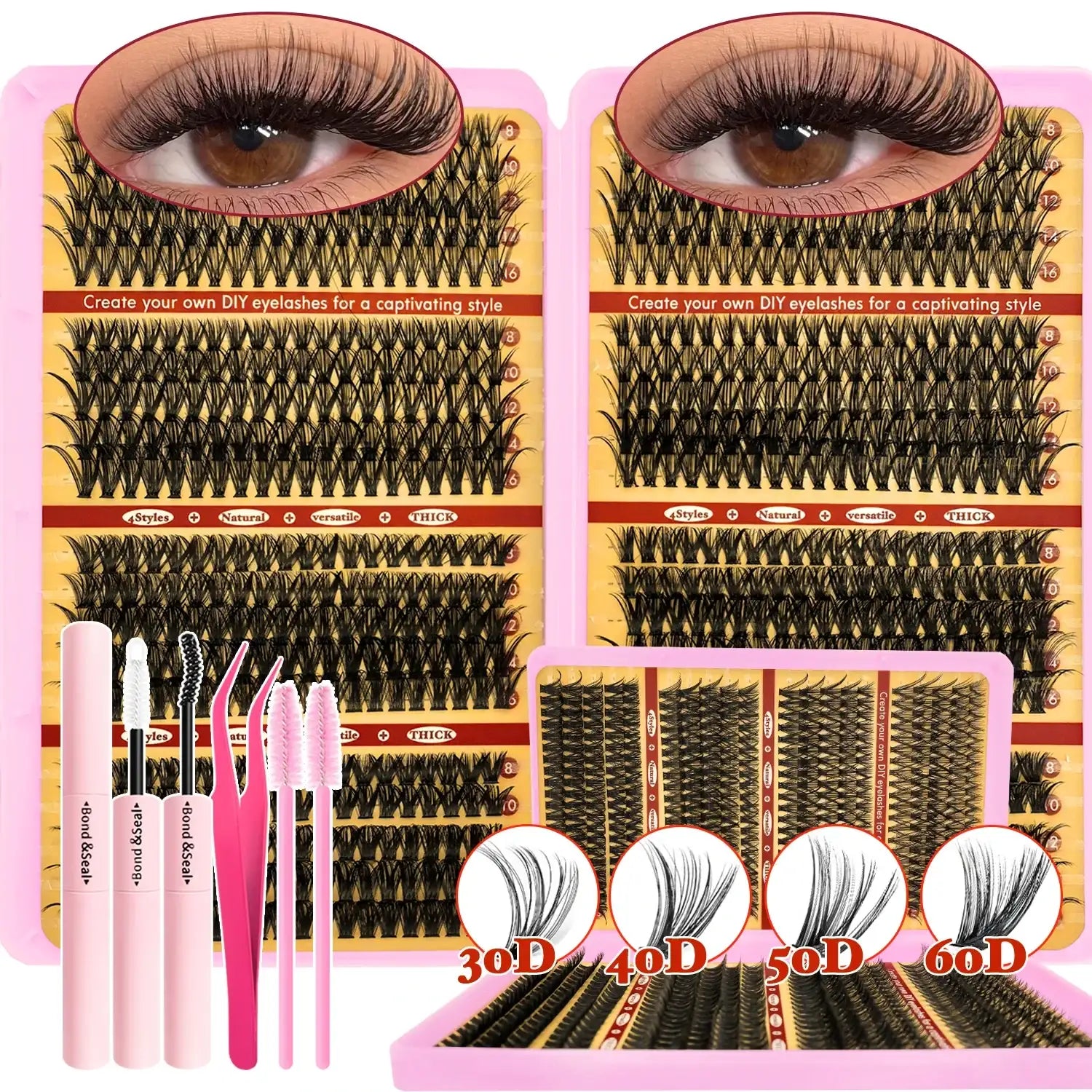 720/200pcs eyelash Extension Kit Fluffy Eyelash Extension kit with Lash Bond and Seal Lash Tweezers Thick Lash Clusters